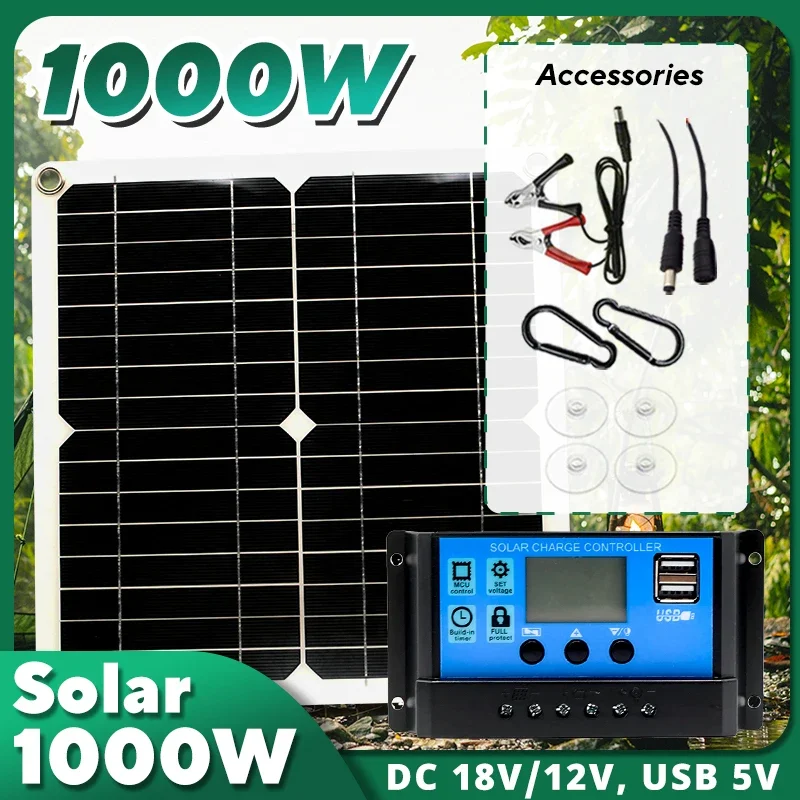 Solar Emergency Charger - 1000W Solarpanel-Set, 12V Solarzelle 10A-100A Regler,